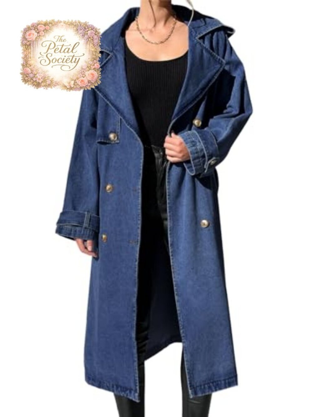 Womens Oversized Long Double Breasted Denim Trench Coat Jacket